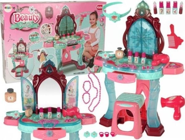 LeanToys skjønnhetssett toalettbord m. speil, lys, lyd og smykker, mørk rosa