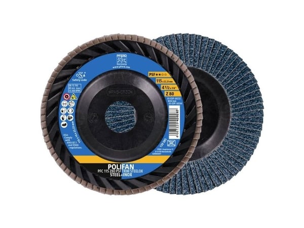 PFERD POLIFAN flap discs zirconia alumina Z PSF TRIM STEELOX, 11,5 cm, 10 stykker