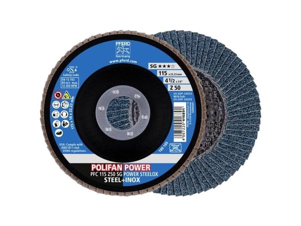 PFERD POLIFAN flap discs zirconia alumina Z SG POWER STEELOX, 11,5 cm, 10 stykker