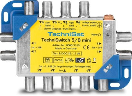 TechniSat TECHNISWITCH 5/8 MINI, Sininen, Keltainen, 1080p, 100 m, 122 mm, 96 mm, 42 mm