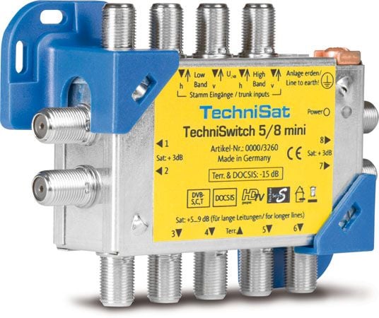 TechniSat TECHNISWITCH 5/8 MINI, Sininen, Keltainen, 1080p, 100 m, 122 mm, 96 mm, 42 mm