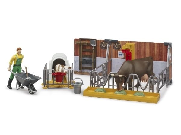 Bruder bworld Cow and Calf Barn with farmer toy