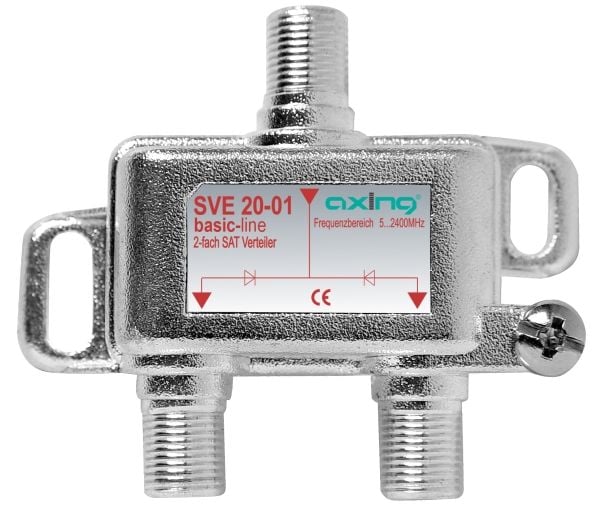 Axing SVE02001, Kabelfordeler, 75 ohm (O), 5 - 2400 Mhz, Sølv, 1x F-tyyppi, 2x F-tyyppi
