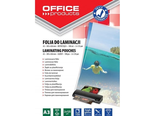Kontorprodukter KONTORPRODUKTER lamineringsfolie, A3, 2x125 mikron, blank, 100 stk., gjennomsiktig