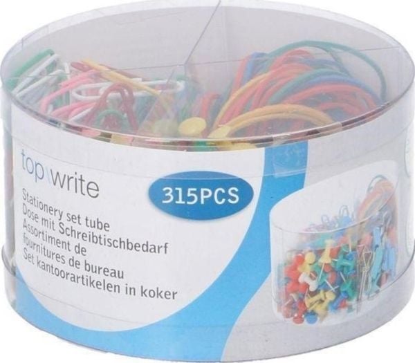 Topwrite tilbehørssett: klemmer, knappenåler, gummibånd i praktisk beholder 315 stk.