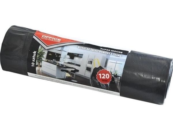 Office Products husholdningsavfallsekker med bånd, super sterke LDPE, 120 l, 10 stk., svarte