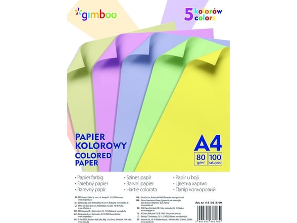 GIMBOO farget papir A4, 100 ark, 80 g/m², 5 pastellfarger