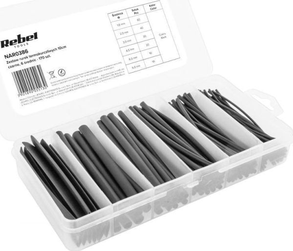 Cabletech sett med krympestrømper 10 cm, svarte, 6 diametre, 170 stk