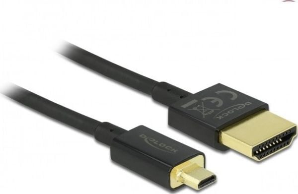 Delock Slim Premium - HDMI-kabel med Ethernet - 19 pin micro HDMI Type D hann til HDMI hann - 2 m - trippel beskyttelse - svart - 4K-støtte