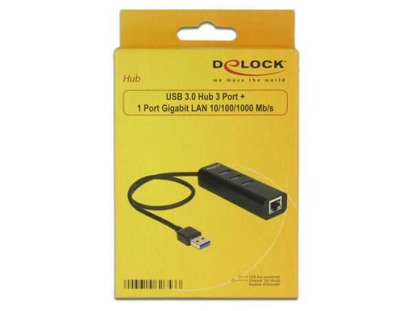 Delock USB 3.0 Hub 3 Port + 1 Port Gigabit LAN 10/100/1000 Mb/s - Hub - 3 x SuperSpeed USB 3.0 + 1 x 10/100/1000 - stasjonær