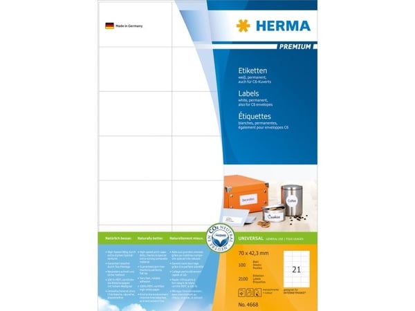 HERMA Premium - Papir - matt - permanent selv-adhesiv - hvit - 70 x 42.3 mm 2100 etikett(er) (100 ark x 21) laminerte etiketter