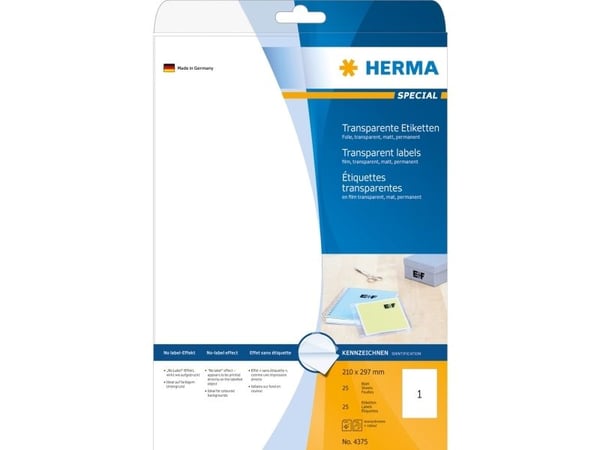 HERMA 4375, Läpinäkyvä, Itse kiinnittyvä tulostintarra, A4, Laser, Kiinteä, Matta