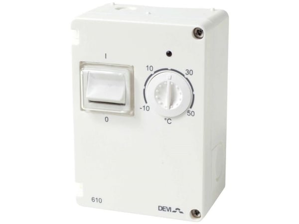 DEVIreg 610 termostat IP44 10 A 2-pol, område (-10°C til +50°C) m dobbelt isololeret lednings føler