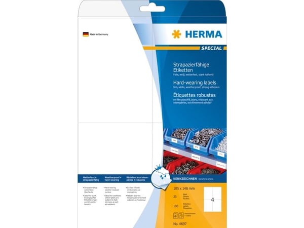 HERMA 4697, Valkoinen, Itse kiinnittyvä tulostintarra, A4, Laser, Kiinteä, Matta