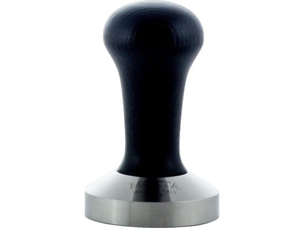 Motta 8100/B Tamper ruostumattomasta teräksestä valmistettu höylä, jossa on musta aidosta puusta valmistettu kahva, 58 mm