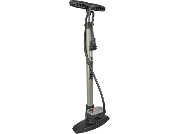 FISCHER sykkel-standpumpe Duokopf, for alle ventiler, robust fotpumpe i plast med manometer, 1 stk (85580)