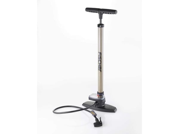 FISCHER sykkel-standpumpe Duokopf, for alle ventiler, robust fotpumpe i plast med manometer, 1 stk (85580)