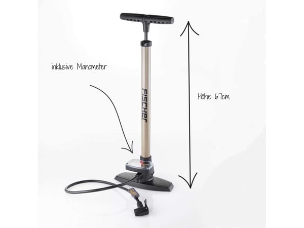 FISCHER sykkel-standpumpe Duokopf, for alle ventiler, robust fotpumpe i plast med manometer, 1 stk (85580)