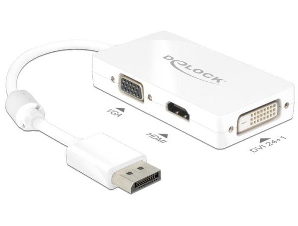 Delock - DisplayPort-adapter - DisplayPort (hann) til HD-15 (VGA), HDMI, DisplayPort (hunn) - 16 cm - hvit