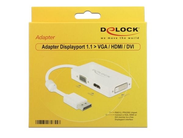 Delock - DisplayPort-adapter - DisplayPort (hann) til HD-15 (VGA), HDMI, DisplayPort (hunn) - 16 cm - hvit