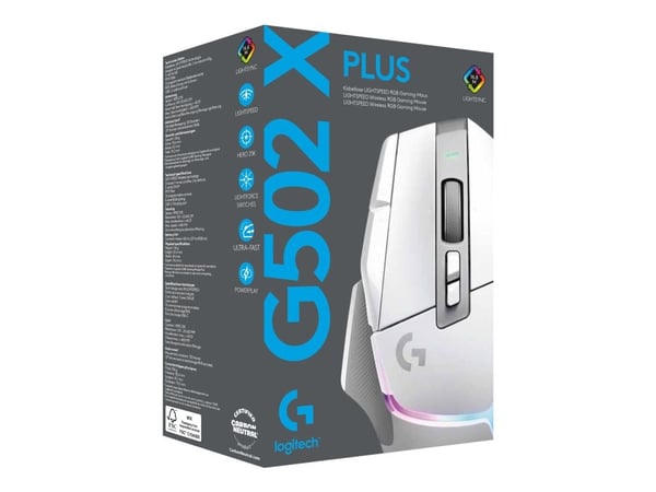 Logitech G G502 X PLUS - Mus - optisk - 11 knappar - trådlös - 2.4 GHz - USB Logitech LIGHTSPEED-mottagare - vit
