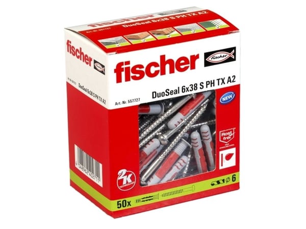 Fischer DuoSeal, Veggplugg, Nylon, Grå, Rød, 3,8 cm, 6 mm, 50 stykker