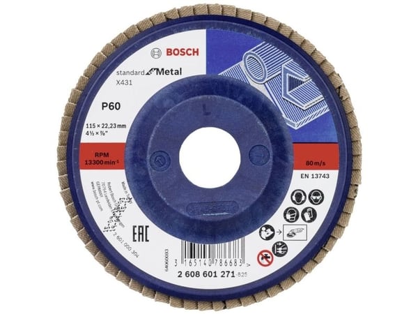 Bosch 2608601271 X431 lamellslipeskive Ø 115 mm boringdiameter 22.33 mm kornstørrelse 60 stål 1 stk Bosch 2608601271 X431 lamellslipeskive Ø 115 mm boringdiameter 22.33 mm kornstørrelse 60 stål 1 stk