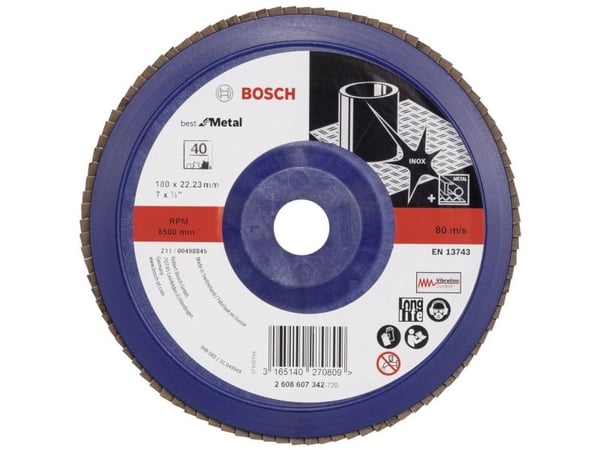 Bosch lamellslipeskive 2608607342 X571 Ø180 mm bore 22,33 mm korn 40 stål, 1 stk