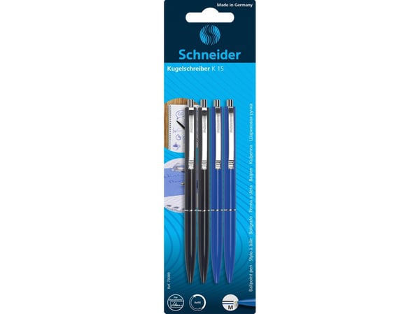 Schneider Schreibgeräte K 15 box, Klips, Multifunksjonell kulepenn, Gjenfyllbar, Sort, Blå, 4 stykker
