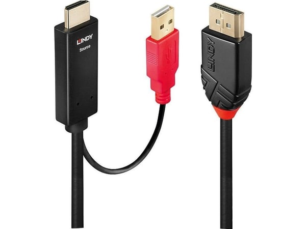 Lindy 41428, 5 m, DisplayPort, HDMI + USB, Hankjønn, Hankjønn, Gull