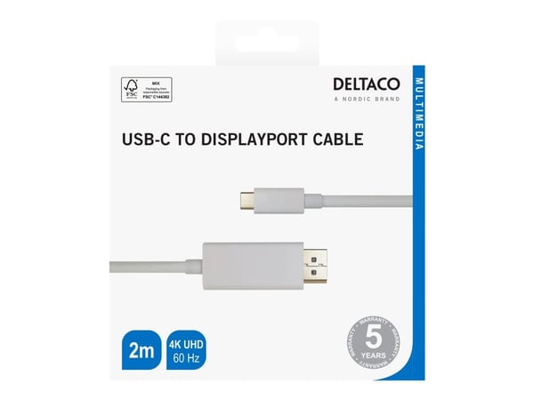 DELTACO - Adapterkabel - USB-C (hann) til DisplayPort (hann) - DisplayPort 1.2 - 2 m - 4 K 60 Hz (4096 x 2160) støtte - hvit