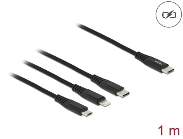 DeLOCK 87149, 1 m, USB C, USB C/micro-USB B/Lightning, USB 2.0, Musta