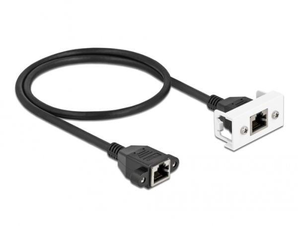 Delock - Nettverkskabel - RJ-45 (hunn) med mutre til RJ-45 (hunn) panelmonterbar - 50 cm - S/FTP - CAT 6a - halogenfri, snap-in - svart/hvit