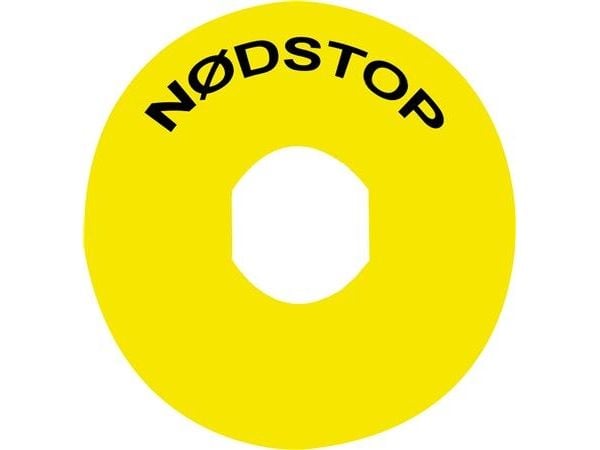 Skilt Ø60 gul med dansk "nødstop"