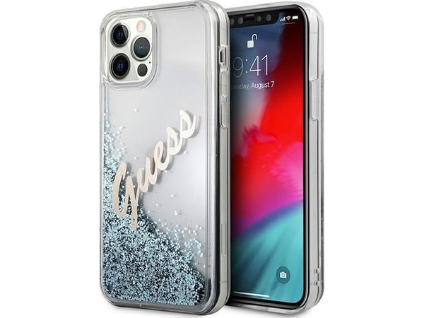 Apple iPhone 12 Pro Max Guess deksel Glitter Vintage Script (GUHCP12LGLVSBL) blå/svart farge
