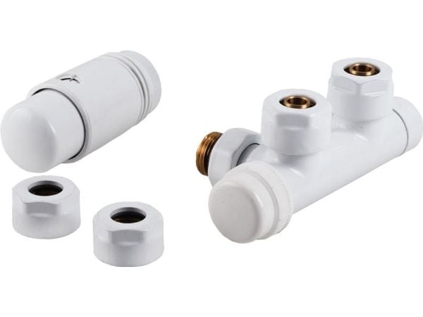 Perfexim Integrert termostatisk PHA-036 vinkelhvit, avstand 50 mm PN10 + koblinger for CU 15 og pexa 16x2 (20-036-0000-001)