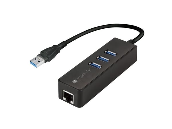 TECHly USB3.0 Gigabit Ethernet Adapter Converter med 3-Port Hub - Nettverksadapter - USB 3.0 - Gigabit Ethernet x 1 + USB 3.0 x 3 - svart