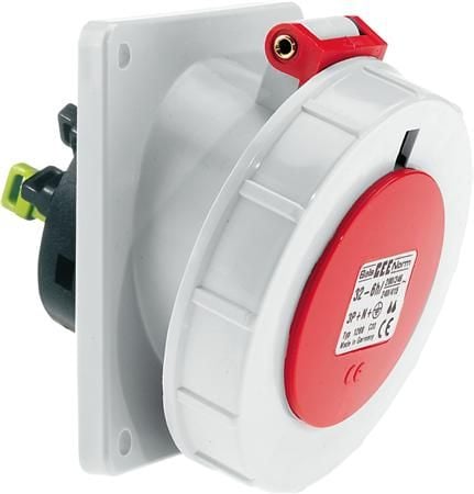 BALS CEE uttag H6 400V 32A 5-poligt röd infälld vinklad fläns 100x92 mm Quick Connect® IP67 polyamid