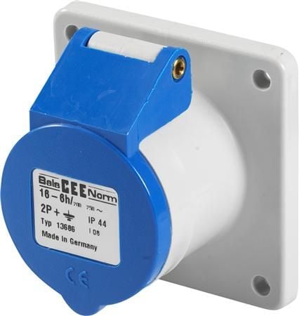 BALS CEE uttag infällt H6 230V 16A 3-pol blå rak fläns 62x62mm, Quick Connect® IP44, polyam