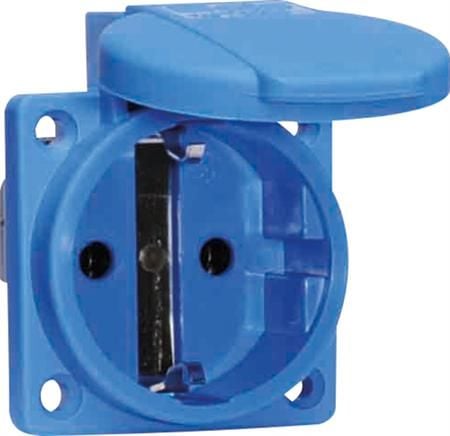 BALS Schuko pistorasia 250V 16A 2-napainen + maadoitus uppoasennus, pikaliittimen laippa 50x50 mm saranoidulla kannella sininen IP44, polyamidi