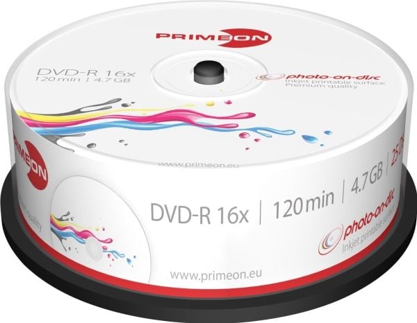Primeon 2761205, DVD-R, Utskriftsbar, Kakeboks, 25 stykker, 4,7 GB