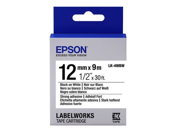 Epson LabelWorks LK-4WBW - Sterkt selvklebende - svart på hvitt - Rull (1,2 cm x 9 m) 1 kassett(er) etikettbånd - for LabelWorks LW-1000, 300, 400,...