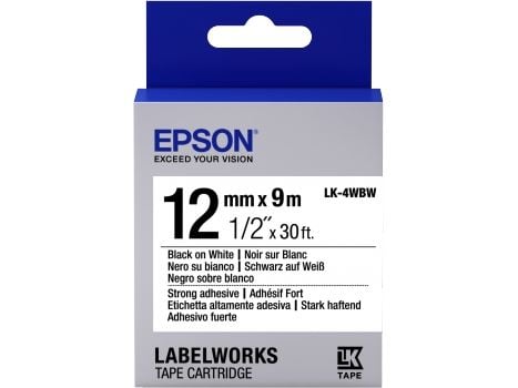 Epson LabelWorks LK-4WBW - Sterkt selvklebende - svart på hvitt - Rull (1,2 cm x 9 m) 1 kassett(er) etikettbånd - for LabelWorks LW-1000, 300, 400,...