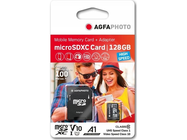 AgfaPhoto - Flashminnekort (SD-adapter inkludert) - 128 GB - Video Class V30 / UHS Class 3 / Class10 - microSDXC UHS-I