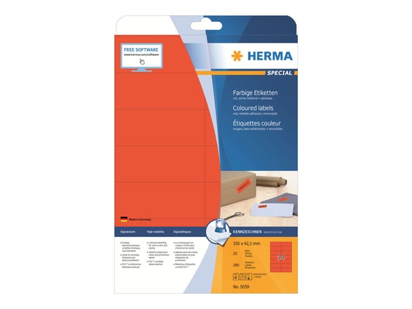 HERMA Special - Papper - matt - permanent självhäftande - röd - 105 x 42.3 mm 280 etikett (er) (20 ark x 14) etiketter