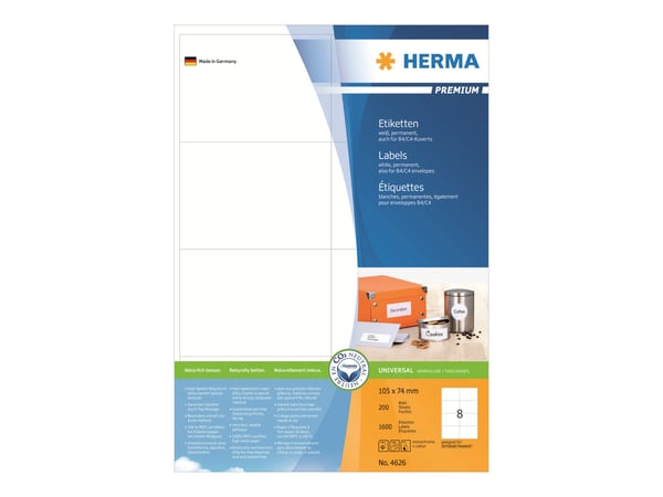 HERMA Premium - Papir - matt - permanent selv-adhesiv - hvit - A7 (74 x 105 mm) 1600 etikett(er) (200 ark x 8) laminerte etiketter