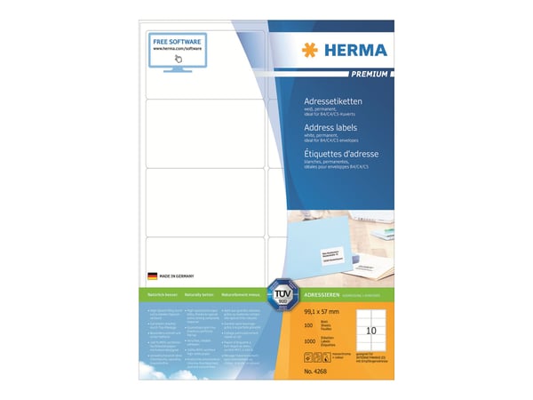HERMA Premium - Paperi - matta - pysyvä itseliimautuva - valkoinen - 99,1 x 57 mm 1000 tarraa (100 arkkia x 10) laminoituja osoitetarroja HERMA Premium - Paperi - matta - pysyvä itseliimautuva - valkoinen - 99,1 x 57 mm 1000 tarraa (100 arkkia x 10) laminoituja osoitetarroja