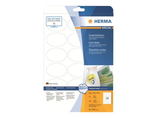 HERMA Special - Papper - matt - borttagbar självhäftning - vit - 63,5 x 42,3 mm (oval) 450 etikett (er) (25 ark x 18) etiketter