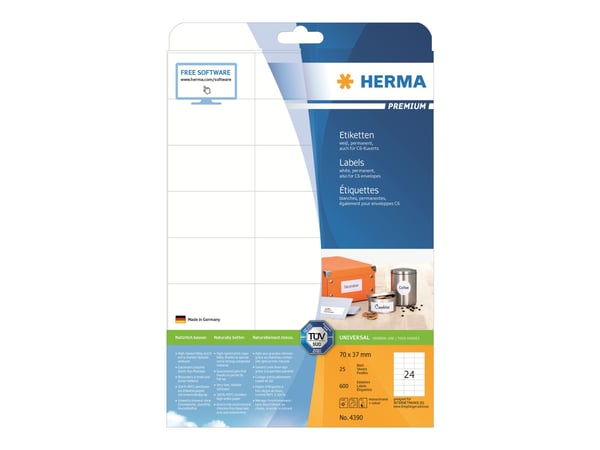 HERMA Premium - Papir - matt - permanent selv-adhesiv - hvit - 70 x 37 mm 600 etikett(er) (25 ark x 24) laminerte etiketter
