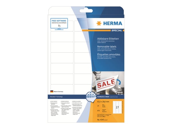 HERMA 4347, Valkoinen, Itse kiinnittyvä tulostintarra, A4, Paperi, Laser/Inkjet, Irroitettava